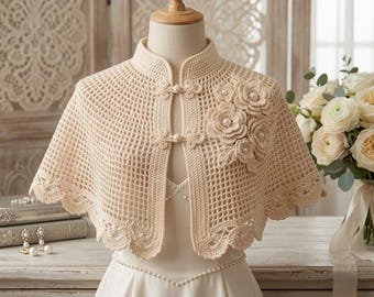 Elegant Crochet Capelet Pattern | Mandarin Collar Lace Shawl, Frog Closures (PDF Download)