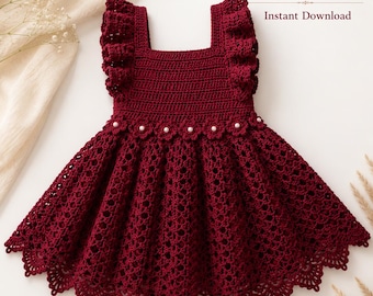 Maroon Crochet Baby Dress Pattern, Ruffle Tie Back Toddler Frock (PDF Download)