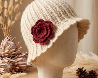 Crochet Cloche Hat Pattern, Vintage Peony Flower Brim, Ribbed Texture (PDF Download)