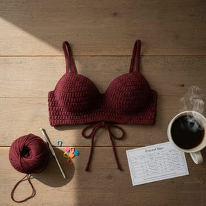 May include: A burgundy crochet top with adjustable straps and a tie closure. A ball of burgundy yarn, a crochet hook, and a cup of coffee are next to the top. A small card with the text "Crochet Tops" is also visible.