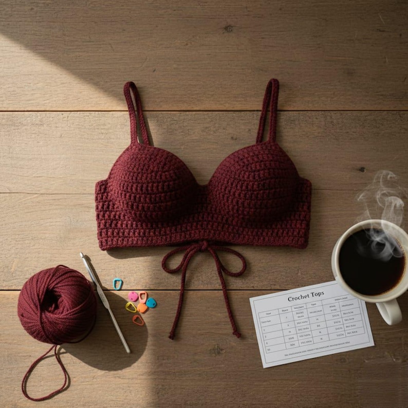 May include: A burgundy crochet top with adjustable straps and a tie closure. A ball of burgundy yarn, a crochet hook, and a cup of coffee are next to the top. A small card with the text "Crochet Tops" is also visible.