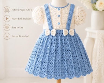 Crochet Baby Dress Pattern, Sky Blue Ivory Frock, Puff Sleeve Bow