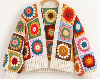 Granny Square Cardigan Crochet Pattern, Wildflower Starburst Boho Sweater (PDF Download)