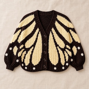 May include: A dark brown knit cardigan featuring a cream-colored butterfly wing pattern across the front and sleeves. The garment has a V-neckline, long sleeves with ribbed cuffs, and a front button closure with five dark brown buttons.