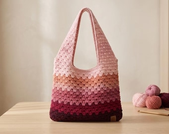 Granny Stitch Tote Bag Crochet Pattern, Ombre Pink Market Bag (PDF Download)