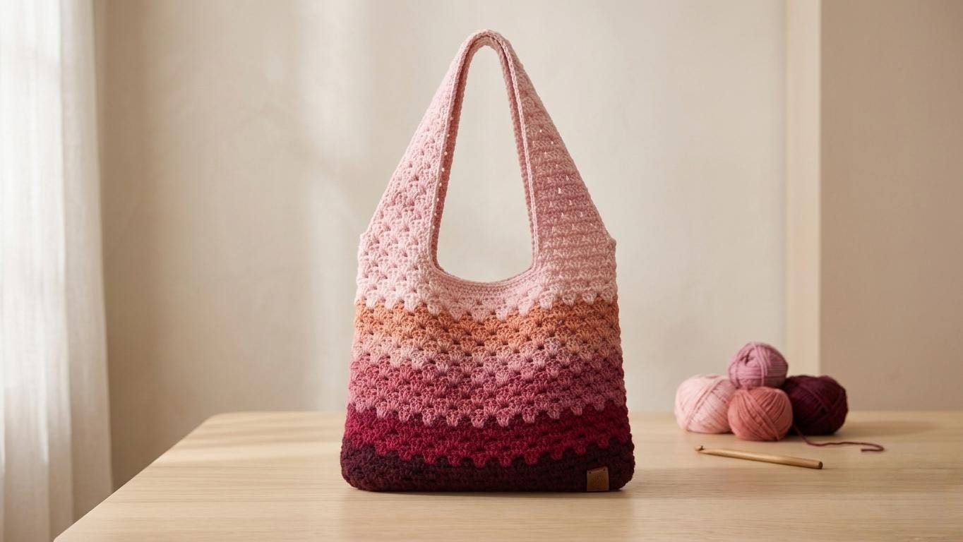 Handcrafted Crochet Striped Bag - Brown and pink Crochet Rainbow Striped Tote Bag | Handmade Boho Shoulder  main image 3