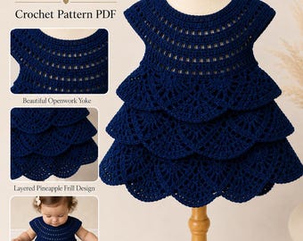 Crochet Baby Dress Pattern: Navy Pineapple Frill Frock (3-6M to 2T) (PDF Download)