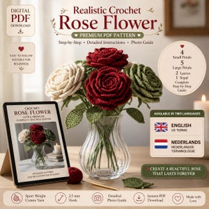Puede incluir: Un patrón PDF digital para una rosa de ganchillo realista, con un ramo de rosas rojas, blancas y verdes en un jarrón de cristal transparente. El patrón incluye instrucciones detalladas, guía fotográfica, hilo de algodón de peso deportivo y un ganchillo de 2,5 mm.