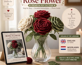 Roos Haakpatroon PDF | Realistische Gehaakte Roos | Bloem Haakpatroon | Bloemen Haken | Gehaakte Bloemen | Roos met Steel