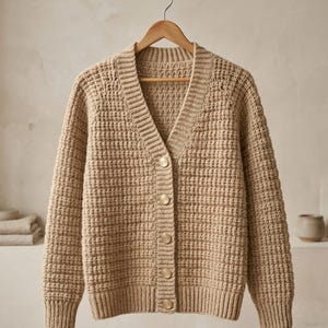May include: A beige, chunky-knit cardigan with a V-neck and long sleeves, suspended from a wooden hanger. The sweater has a textured stitch pattern and is fastened with five round, light-coloured buttons. The overall style is casual and comfortable.