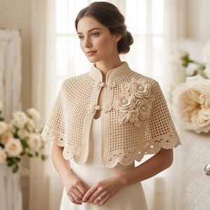 Elegant Crochet Capelet Pattern | Mandarin Collar Lace Shawl, Frog Closures (PDF Download)