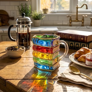 Taza de cristal arcoíris con libros apilados, taza de café colorida con forma de libro de hechizos de mago, regalo para amantes de los libros con estilo de vidriera