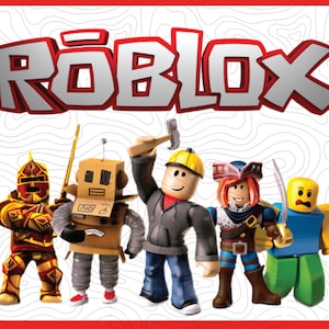 May include: The Roblox logo in red and white above five Roblox character figures. The figures include a knight, a robot, a construction worker, a pirate, and a character with a yellow head and blue body.