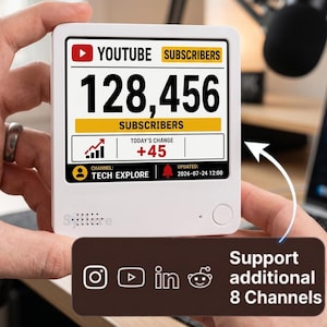 May include: A white square digital subscriber counter device displaying the YouTube logo, 128,456 subscribers, a today's change of +45, and the channel name Tech Explore. A dark brown overlay shows social media icons and text: Support additional 8 Channels.