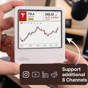 Op de afbeelding: Een wit vierkant digitaal weergaveapparaat met een Tesla-aandelengrafiek met de tekst TSLA, 248.42 USD en +6.73 (+2.78%). Een donkerbruine rechthoekige overlay bevat witte iconen voor Instagram, YouTube, LinkedIn en Reddit met de tekst Support additional 8 Channels.