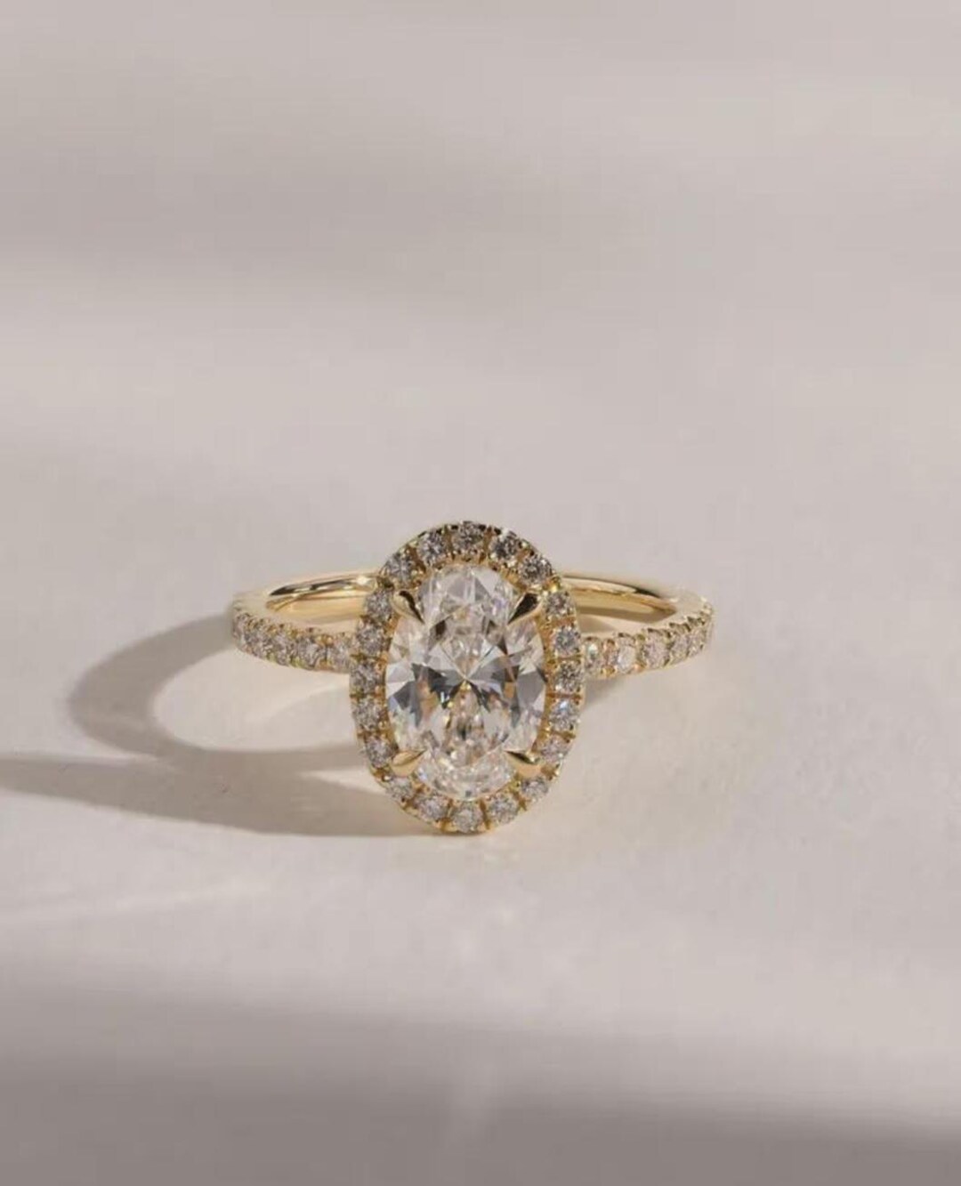 2 CT Oval Cut Moissanite Halo With Pave Band Engagement Ring 14K Solid ...