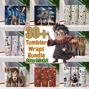May include: A bundle of 30+ tumbler wraps featuring various designs. The image includes tumblers with illustrations of castles, owls, and Harry Potter characters. The text on the image reads "30+ Tumbler Wraps Bundle 20oz 9.3x8.2".