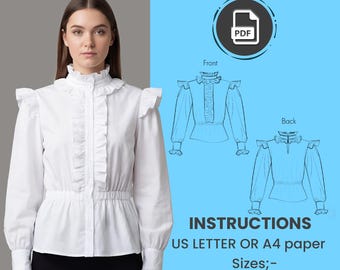 Bayport Bluse PDF Schnittmuster für Frauen, Rüschen Kragen Langarm Top mit Elastischer Taille und Schlüsselloch Rücken, Digital Download