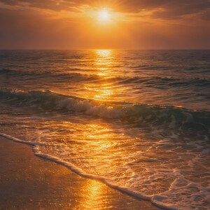 Peut inclure: Une vue de l'océan au coucher du soleil. Le soleil, un disque lumineux, est partiellement caché par les nuages, projetant une lumière dorée sur l'eau. Les vagues déferlent doucement vers le rivage, reflétant les couleurs chaudes du ciel. La scène évoque la paix.