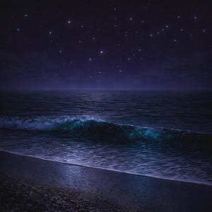 Peut inclure: Scène nocturne sereine de l'océan sous un ciel étoilé. L'eau bleu foncé reflète la lumière des étoiles, avec une vague déferlante près du rivage. La plage est sombre, créant une ambiance paisible et tranquille.