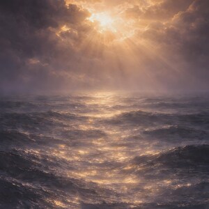 Peut inclure: Paysage marin dramatique avec un ciel nuageux et des rayons de soleil perçant les nuages. Les vagues sombres de l'océan sont agitées et reflètent la lumière dorée. La scène évoque la puissance et la beauté de la nature.