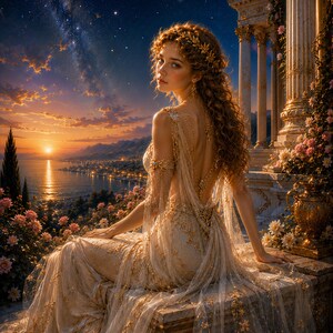 May include: A floor-length gown featuring intricate gold embroidery on a sheer, light-coloured fabric. The garment includes a low-cut back, delicate shoulder straps, and a flowing skirt with floral patterns, worn with a matching gold leaf headpiece.