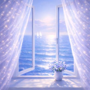Peut inclure: Une fenêtre ouverte sur un vaste océan bleu sous un ciel clair. Des rideaux blancs transparents avec des accents scintillants encadrent la vue. Un vase blanc avec des fleurs bleues est posé sur le rebord de la fenêtre, ajoutant une touche de nature à la scène.