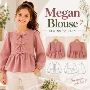 Puede incluir: Una blusa de manga larga en color rosa empolvado con cuello redondo, una abertura frontal con tres lazos decorativos y un dobladillo con volante. La imagen incluye el texto Megan Blouse Sewing Pattern y Handmade with Love.