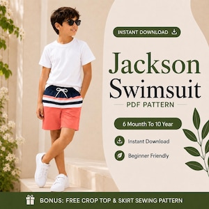 May include: A digital product listing for the Jackson Swimsuit PDF pattern, featuring a child wearing a white t-shirt and swim trunks with navy, white, and coral horizontal stripes. The text includes Instant Download, 6 Mounth To 10 Year, and Bonus: Free Crop Top & Skirt Sewing Pattern.