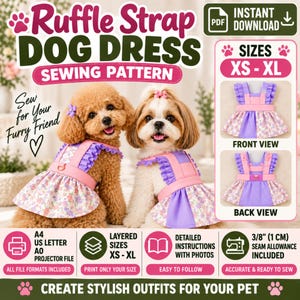 Op de afbeelding: Een naaipatroon voor een hondenjurk met ruches in de maten XS-XL. De afbeelding toont twee honden in de jurk, voorzien van paarse ruches, een roze tailleband en een rok met bloemenprint. Inclusief A4, US Letter, A0 en projectiebestanden.