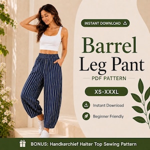May include: A digital sewing pattern for barrel leg trousers featuring a white crop top and navy blue pinstriped trousers with an elastic waistband and gathered cuffs. The text reads Barrel Leg Pant PDF Pattern, XS-XXXL, Instant Download, and Beginner Friendly.