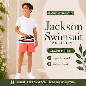 May include: A digital product listing for the Jackson Swimsuit PDF pattern, featuring a child wearing white t-shirt and coral swim trunks with navy and white stripes. Text includes Instant Download, 6 Mounth To 10 Year, and Bonus Free Crop Top & Skirt Sewing Pattern.