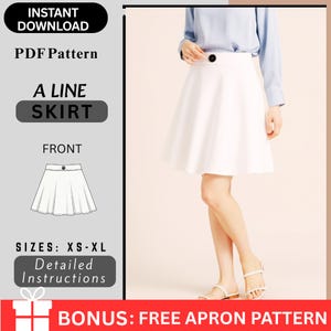 May include: A-line skirt pattern with detailed instructions and sizes XS-XL. The image shows a woman wearing a white A-line skirt with a black button. The text on the left side says "Instant Download" and "PDF Pattern".