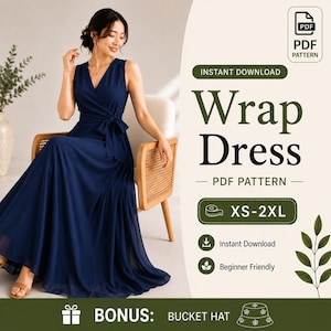 May include: A navy blue sleeveless wrap dress with a V-neckline and a tie waist. The digital PDF pattern includes sizes XS-2XL and a bonus bucket hat pattern. The text reads: PDF PATTERN, INSTANT DOWNLOAD, Wrap Dress, XS-2XL, BONUS: BUCKET HAT.