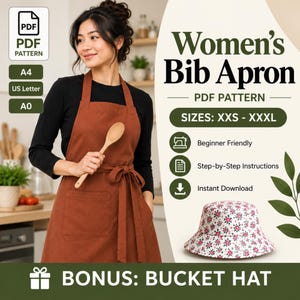 Women’s Bib Apron Sewing Pattern | Tie Waist Apron PDF | Neck Tie & Front Pocket | XXS–XXXL