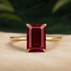 Verlobungsring mit 3,5 ct im Labor gezüchtetem Rubin, 14-karätiges Gelbgold, Geburtsstein-Schmuck für Juli, minimalistischer Ring mit Krappenfassung, Weihnachtsgeschenk für Verliebte