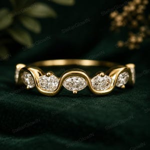 Förlovningsring med alternerande oval moissanit, 14k massivt guld alliansband, vågig stapelbar ring, smycken för bröllopsdagar, löfte ring