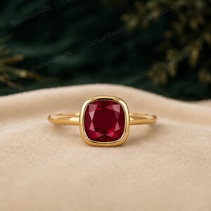 Cushion Cut Ruby Wedding Ring, Full Bezel Set Solitaire Ring, Minimalist Birthstone Ring, Yellow Gold Plated 925 Silver Ring, Bridal Gifts