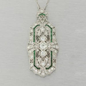 Art Deco Emerald and Diamond Pendant, Vintage Geometric Filigree Necklace, Antique Style Emerald Target Pendant, Edwardian Milgrain Statemen