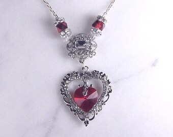 Bright red double crystal heart necklace, silver