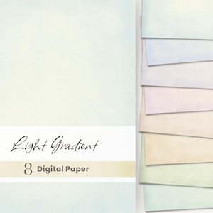 Puede incluir: Ocho papeles digitales en colores pastel, incluyendo azul, rosa y amarillo, con un efecto degradado suave. Las palabras "Light Gradient" y "8 Digital Paper" se muestran en una pancarta blanca.