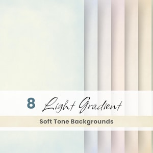 Puede incluir: Imagen de arte digital con ocho fondos degradados de tonos suaves en colores pastel. El texto dice "8 Light Gradient Soft Tone Backgrounds". Ideal para proyectos digitales.