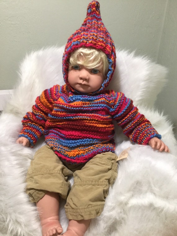 Hand Knit Baby Sweater with Hood: Sunrise Acrylic, 6-12 Months zips up back