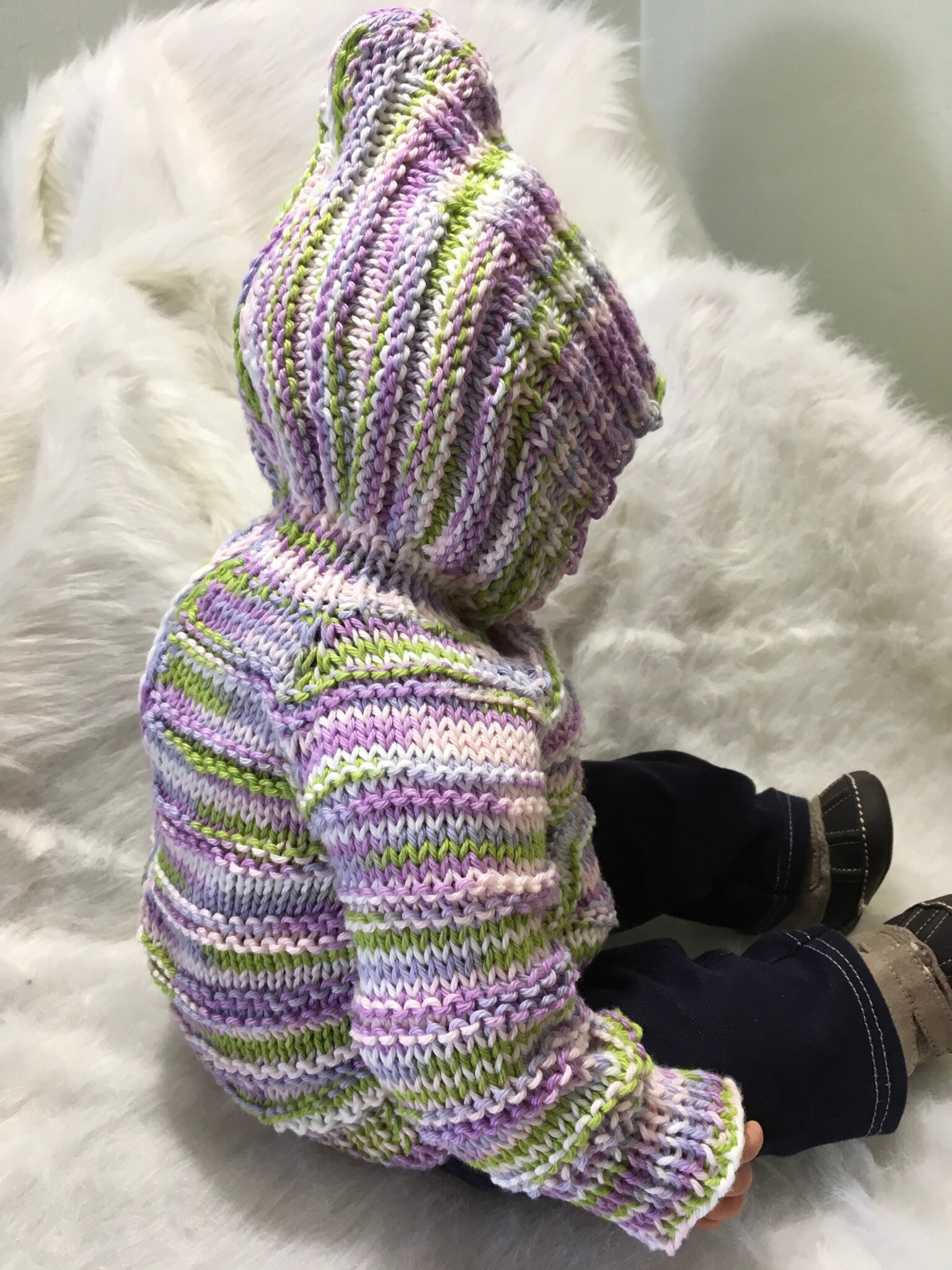 100 COTTON Hand knit hooded baby sweater zips up the backso cute