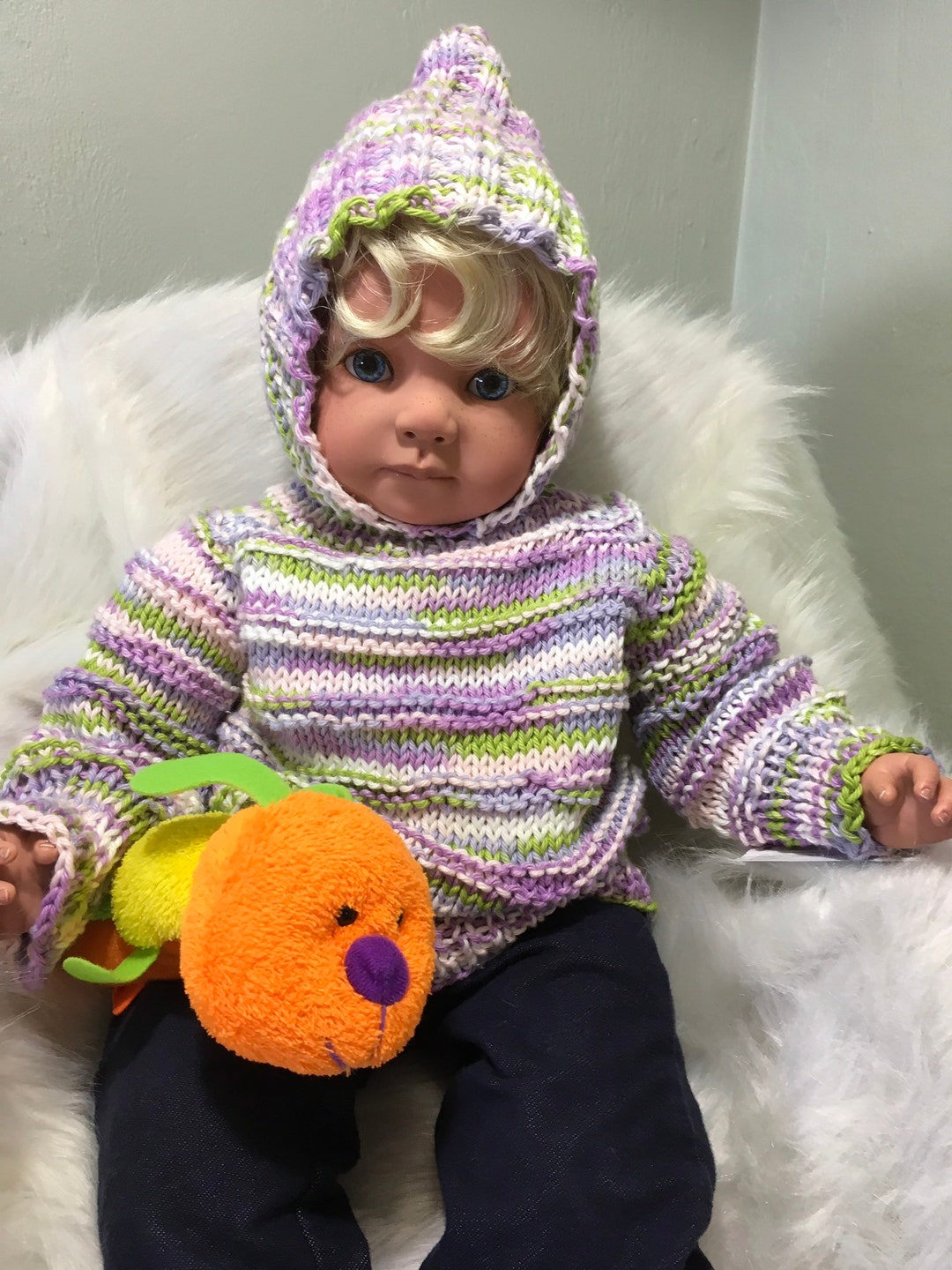 100 COTTON Hand knit hooded baby sweater zips up the backso cute