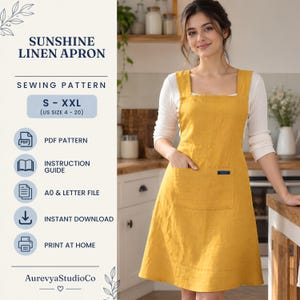 Peut inclure: Un tablier en lin jaune moutarde avec une encolure carrée, de larges bretelles et une grande poche frontale. Le texte à gauche indique SUNSHINE LINEN APRON, SEWING PATTERN, S - XXL (US SIZE 4 - 20), PDF PATTERN, INSTRUCTION GUIDE, A0 & LETTER FILE, INSTANT DOWNLOAD, PRINT AT HOME, AurevyaStudioCo.