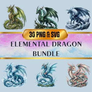 May include: Digital art bundle featuring six detailed dragon illustrations in various colors, including green, blue, and pink. The text "30 PNG & SVG" and "Elemental Dragon Bundle" are displayed on the image.