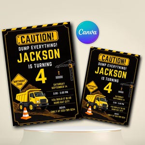 Puede incluir: Invitaciones de cumpleaños con temática de construcción en negro y amarillo. El diseño incluye un camión volquete, una grúa y el texto "CAUTION! DUMP EVERYTHING! JACKSON IS TURNING 4." Incluye detalles del evento y RSVP.