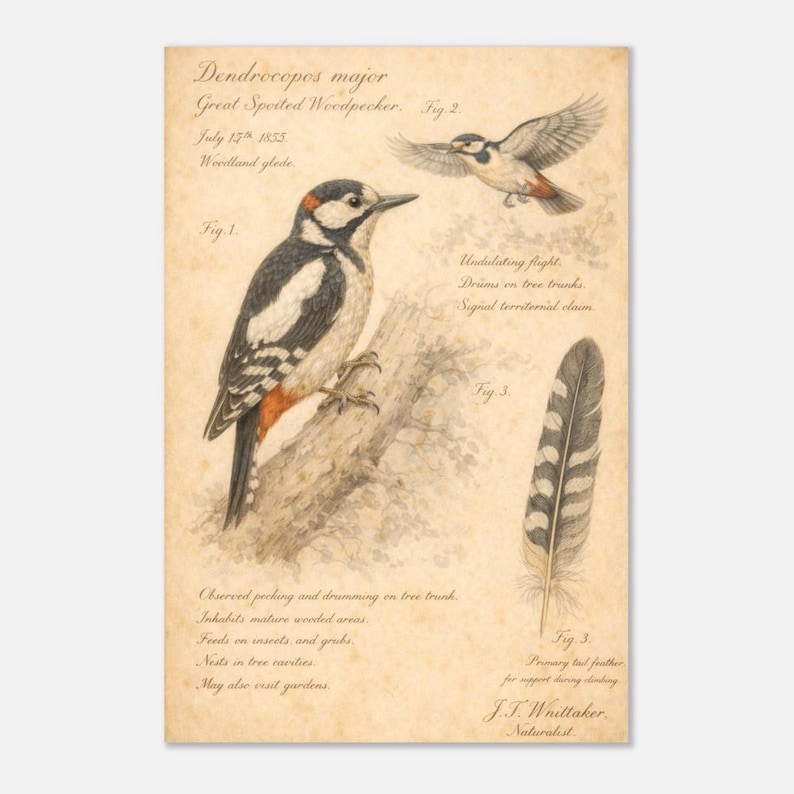 Vintage Great Spotted Woodpecker Field Guide Poster - Archival Wildlife ...