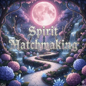 Puede incluir: Ilustración digital de un paisaje de fantasía con cascadas, un camino sinuoso y una gran luna rosa. El texto "Spirit Matchmaking" es visible. La escena está llena de flores y cristales morados y azules.